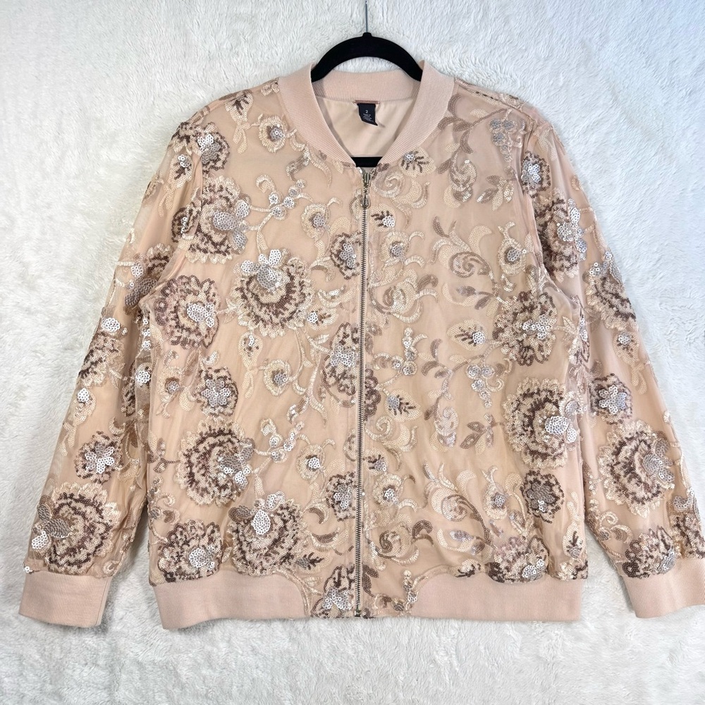 Chico’s Black Label Sequin Lace Bomber Jacket Women’s‎ 2 (L/12) Peach Floral